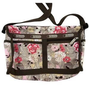 LeSportsac Crossbody Bag‎ Floral Birdcage Cat Pattern Brown Strap Adjustable